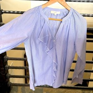S Women’s cotton Loft white and blue pin stripe long sleeve blouse